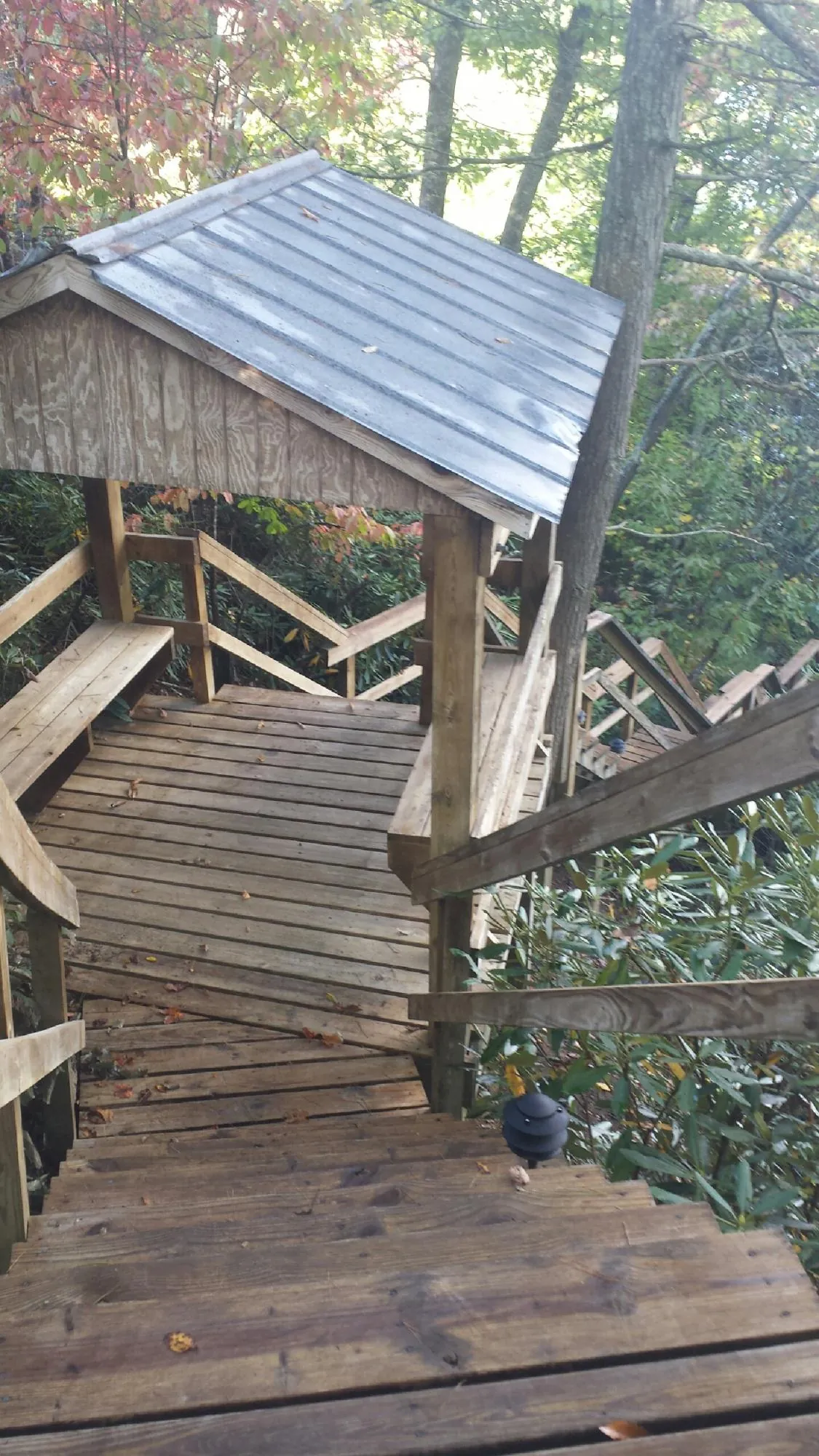 Metal roofed shelter over wooden steps on a wooded walkway — Skylight Repair & Installation work by our crew in Agness